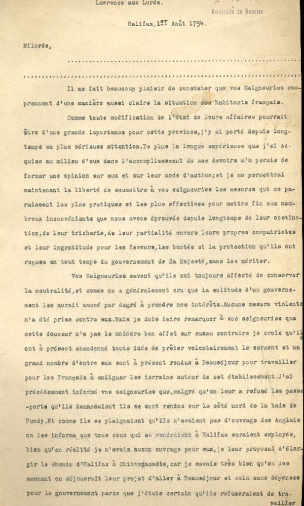 Letter from Lawrence to the Lords of Trade, 1754