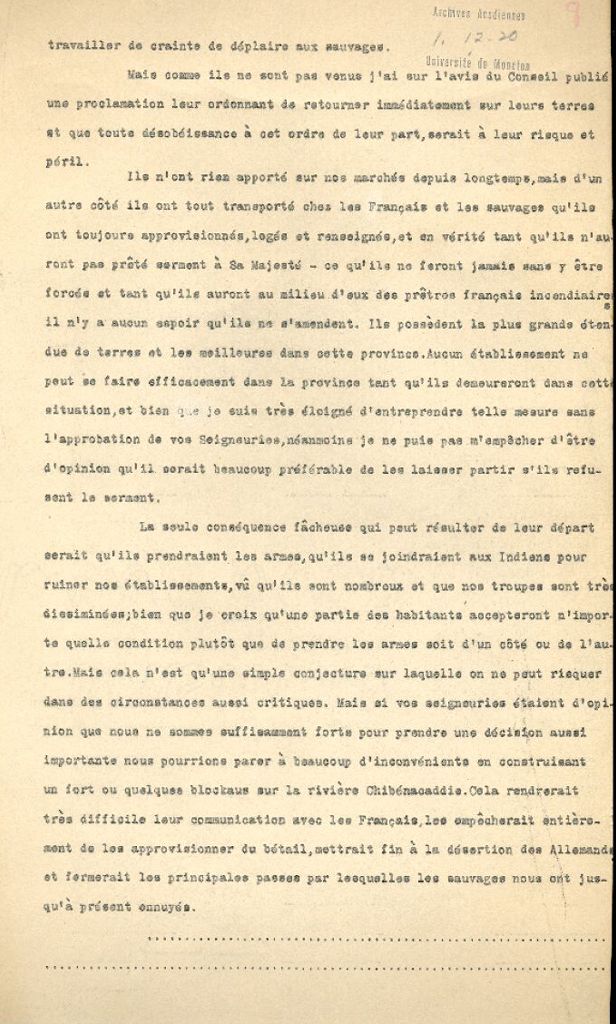 Lettre de Lawrence aux Lords du Commerce, 1754