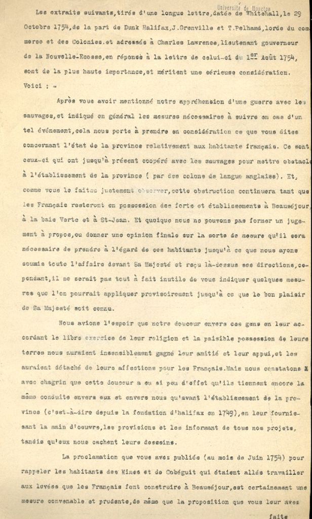 Excerpts of a letter from the Lords of Trade to Lawrence, 1754