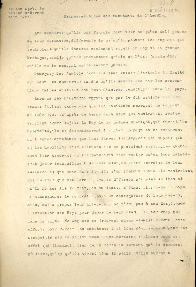 Report on the inhabitants of Acadie, 1753