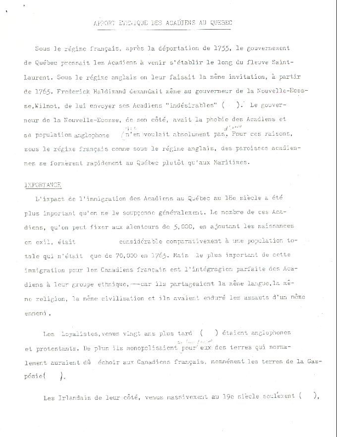 Ethnic contribution of Acadians in Québec