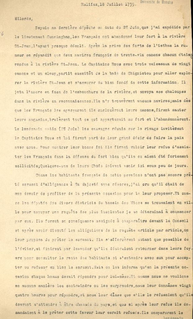 Letter from Lawrence to the Lords of Trade, 1755