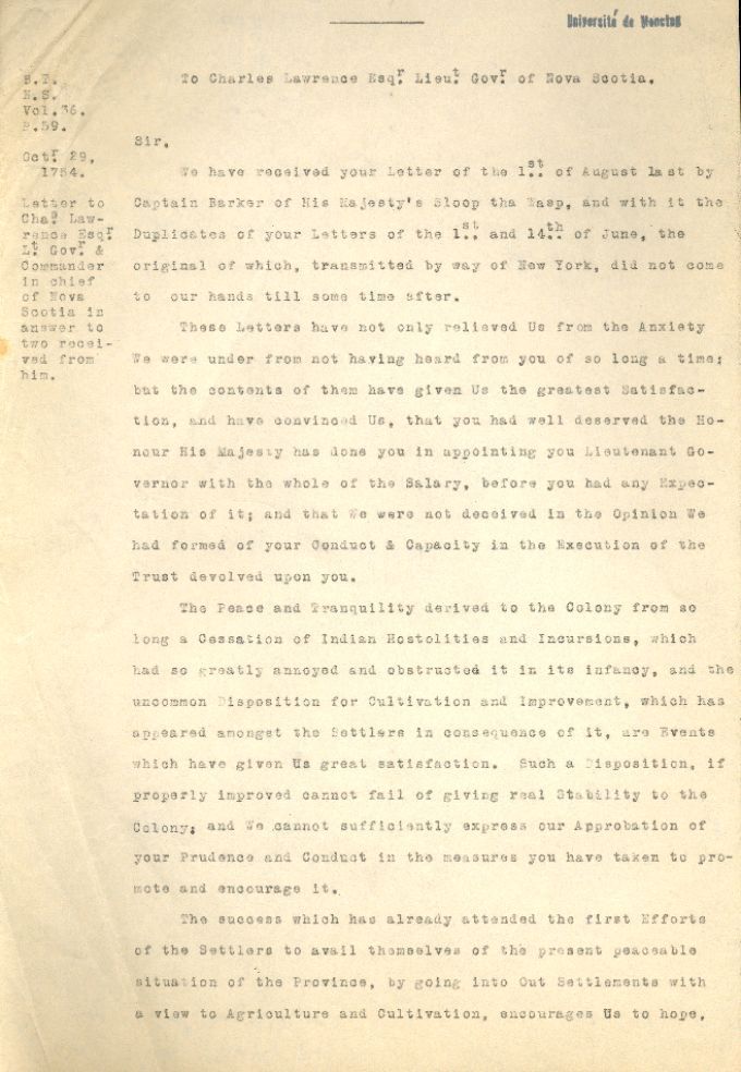 Letter from the Lords of Trade to Lawrence, 1754