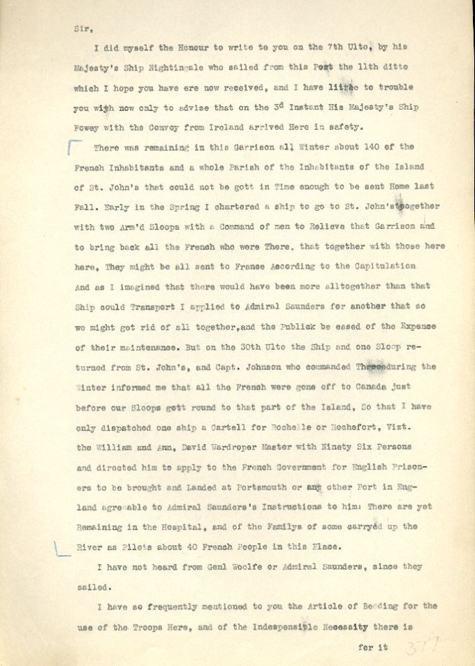 Lettre de Whitmore à Pitt, 1759