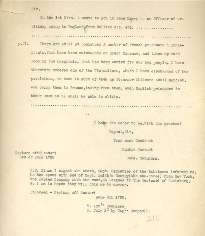 Lettre de Saunders à un destinataire inconnu, 1759