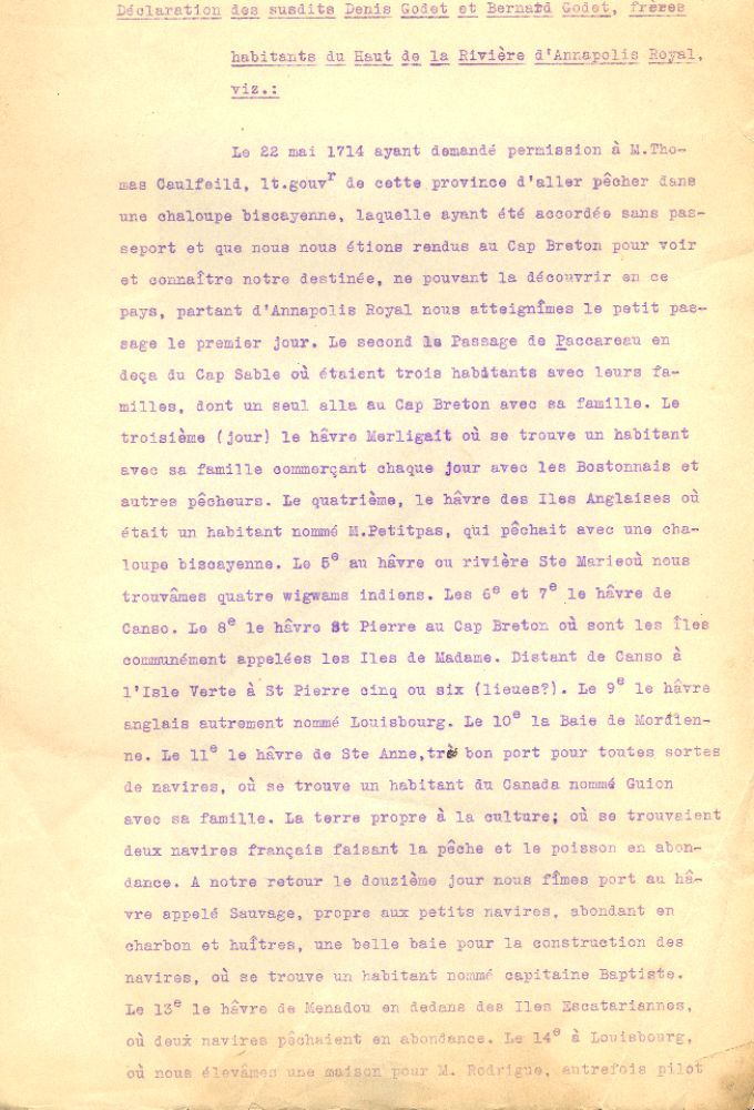 Report by brothers Bernard and Denis Gaudet, 1714