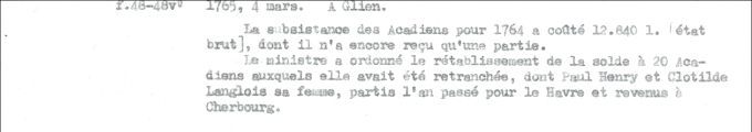Lettre de Defrancy à Glien, 1765