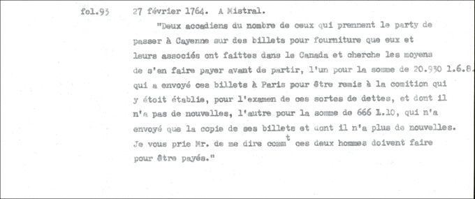 Letter from Defrancy to Mistral, 1764