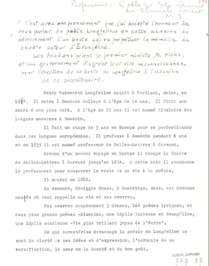 Speech, Willie J. Belliveau, Longfellow monument, 1955