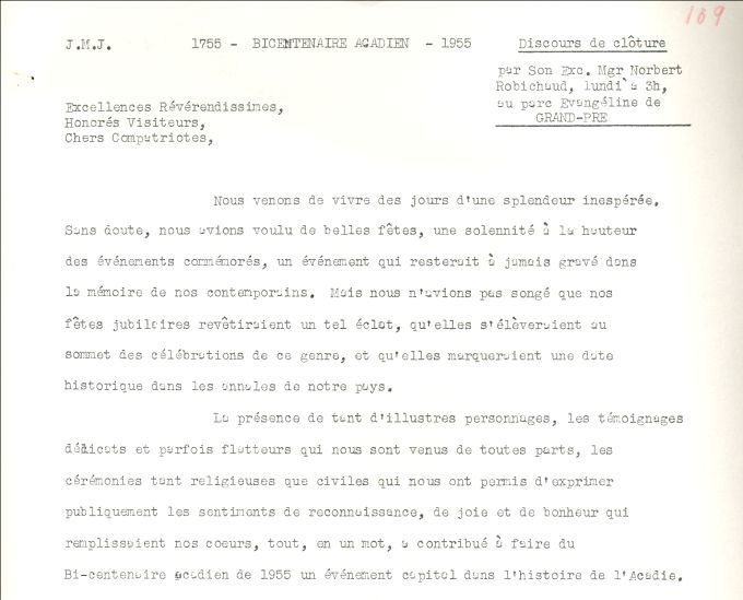 Closing speech, Mgr Robichaud, the Deportation's bicentennial, 1955