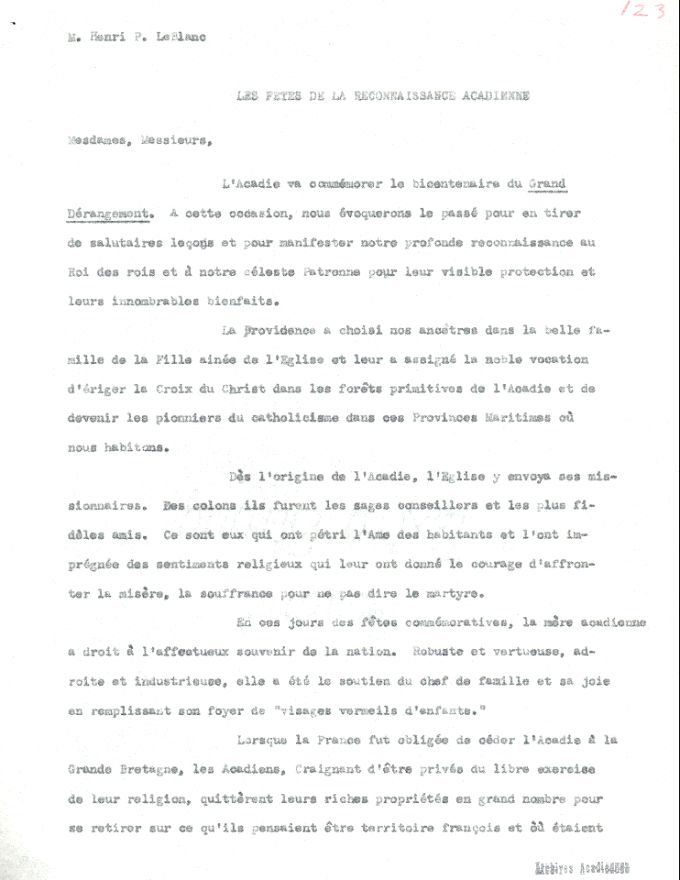 Speech, Henri-P. LeBlanc, Deportation's bicentennial, 1955