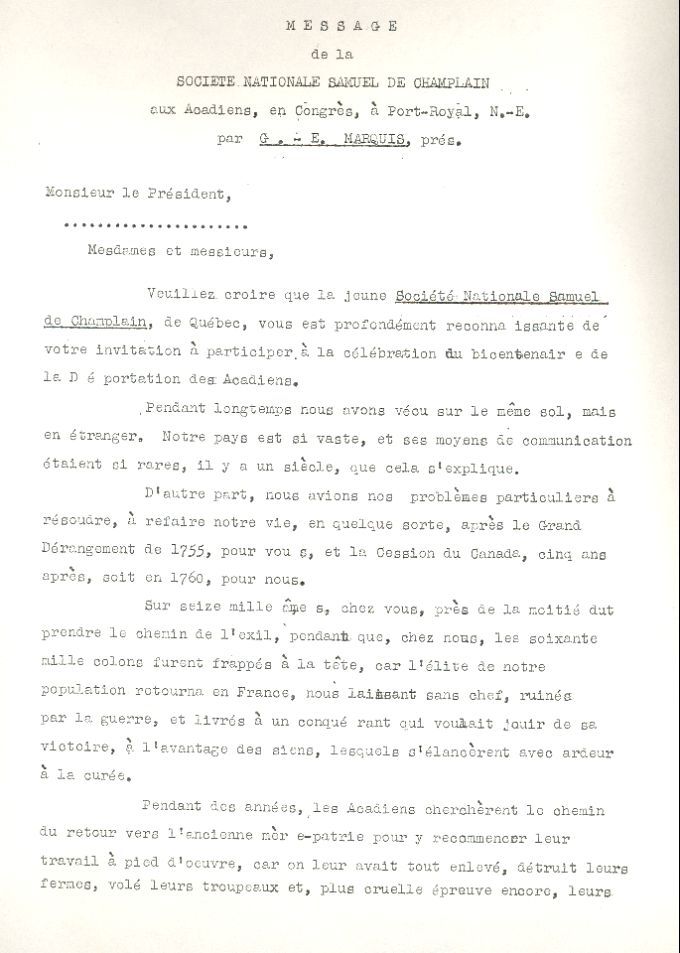 Speech, Georges-Émile Marquis, Deportation's bicentennial, 1955