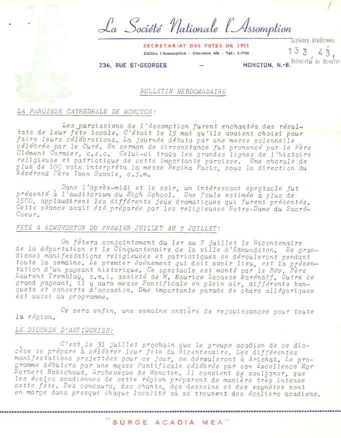 Bulletin hebdomadaire, bicentenaire de la Déportation, 1955