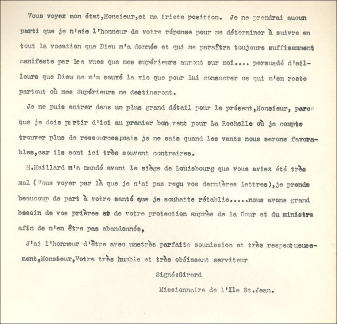 Letter from Girard to l'Isle-Dieu, 1759