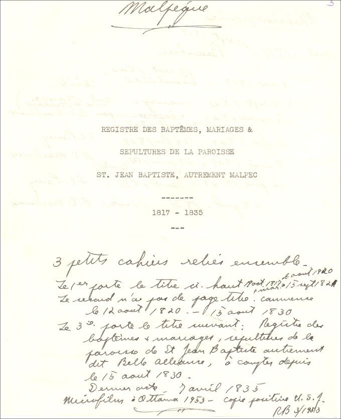Saint-Jean-Baptiste parish, Malpec, P.E.I., 1817-1835