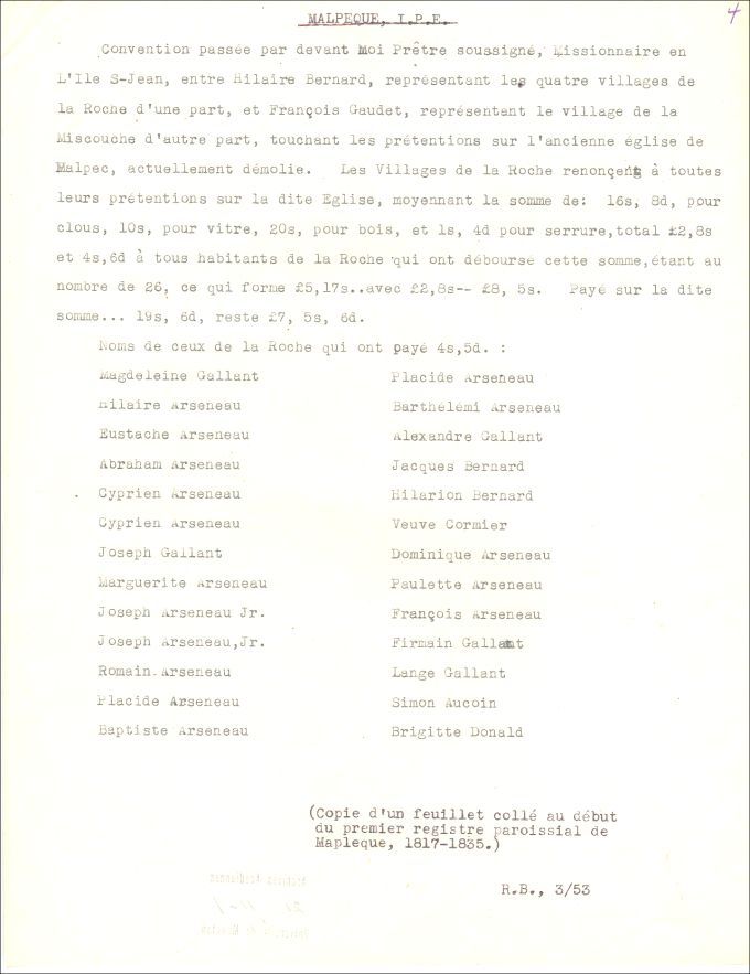 Notes found in the first pages of Malpec, P.E.I's, first parish register