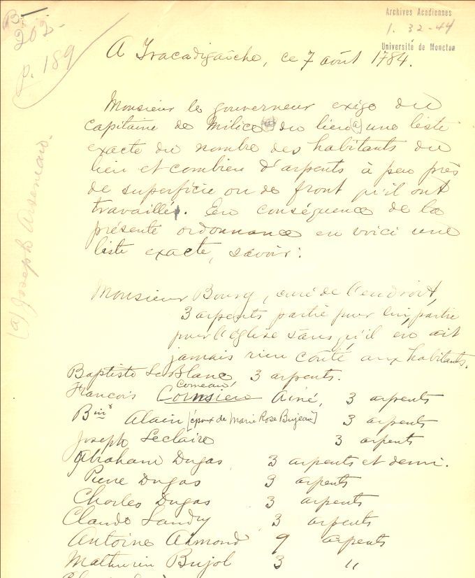 Census, Carleton (Tracadièche), Québec, 1784