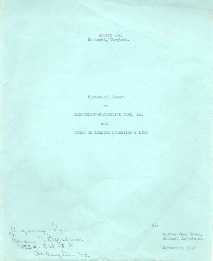 Historical Report on Longfellow-Evangeline Park, Louisiana