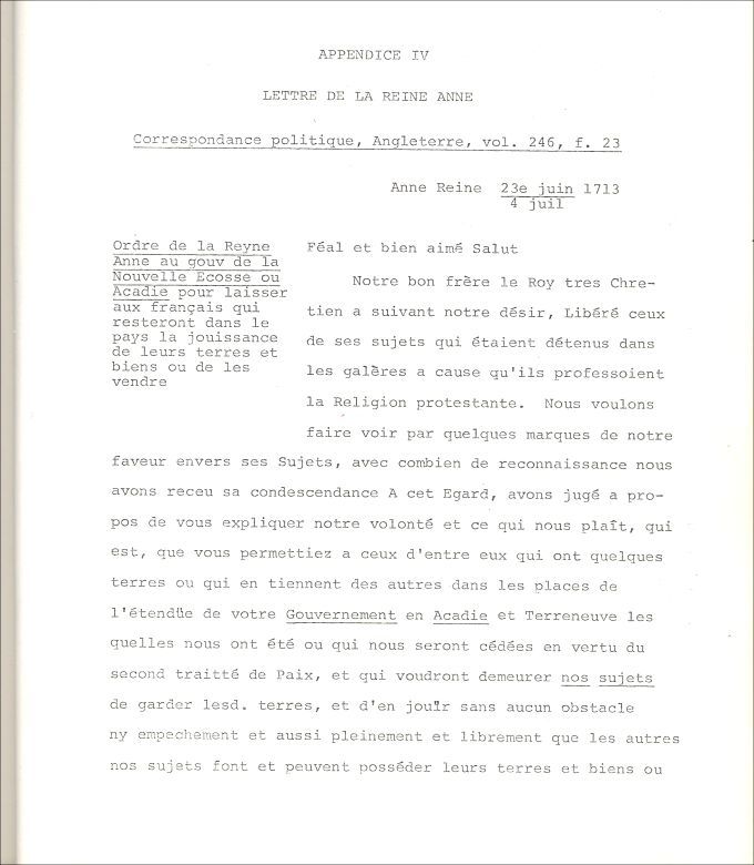 Letter from England's Queen Anne concerning the Acadians