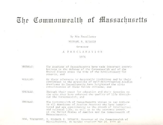 Proclamation to the Acadians, Governor Michael Dukakis, 1976