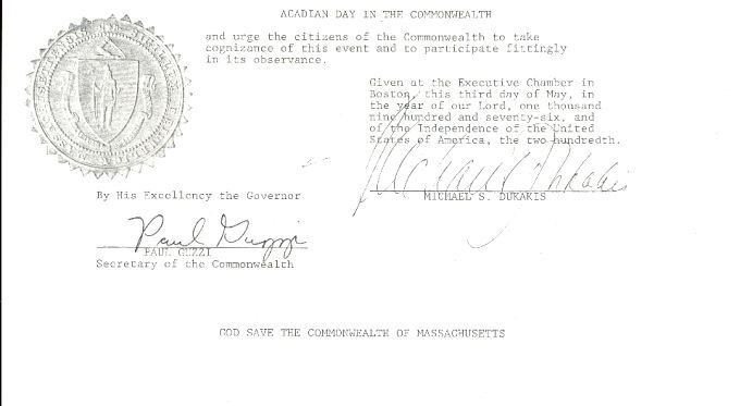 Proclamation to the Acadians, Governor Michael Dukakis, 1976