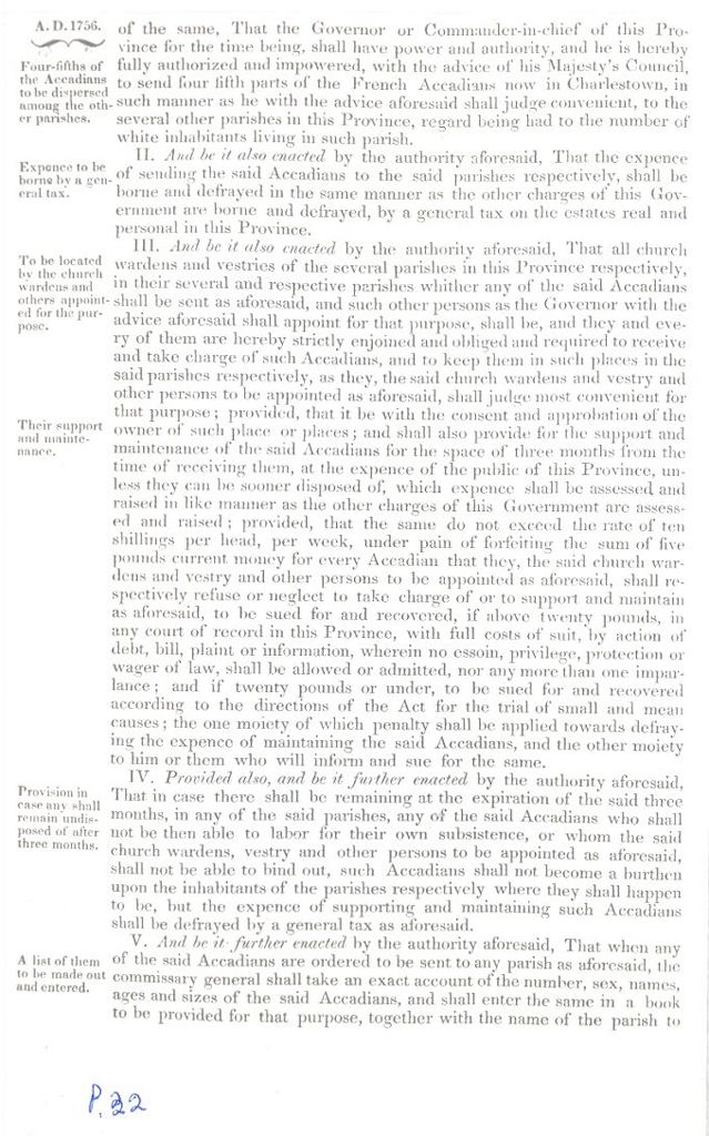 Loi de la Caroline du Sud concernant les Acadiens, 1756