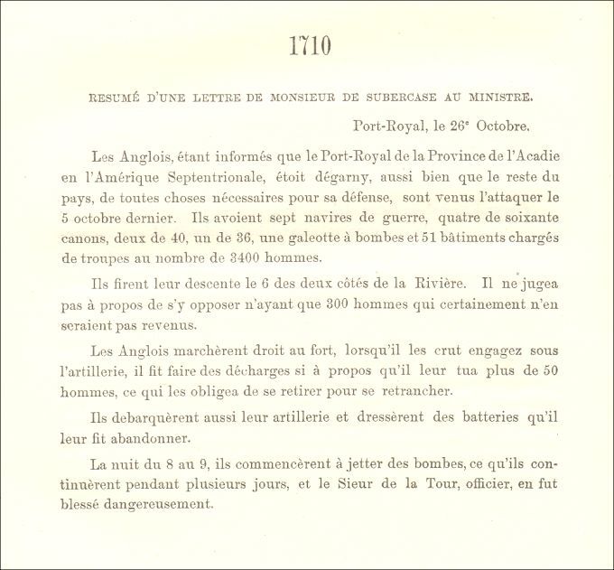 Letter from Subercase to the Naval minister, 1710