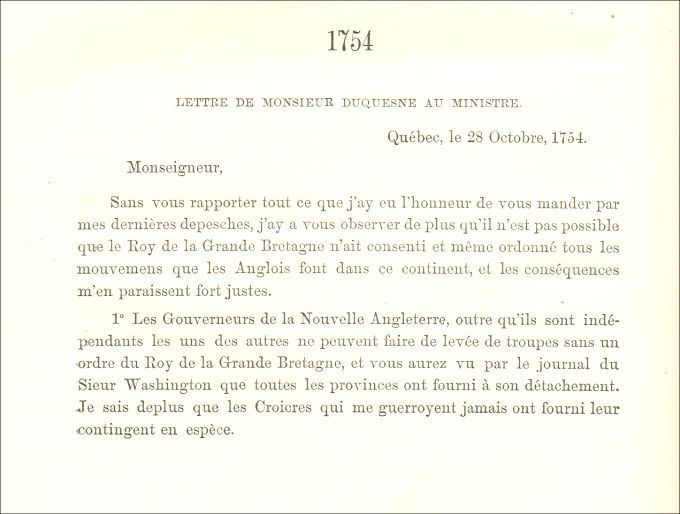 Letter from Duquesne to the Naval minister, 1754