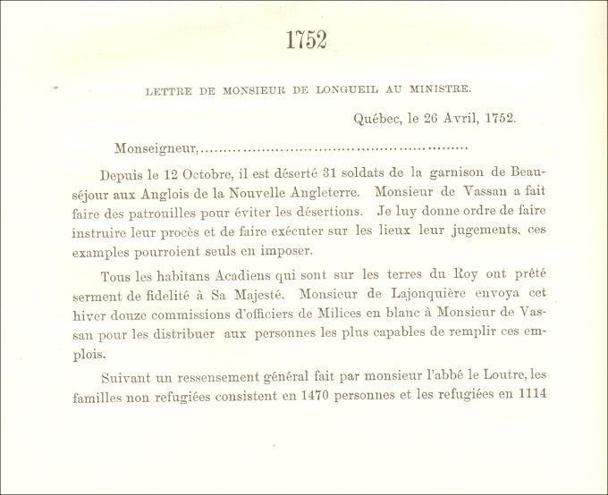 Letter from Longueuil to the Naval minister, 1752