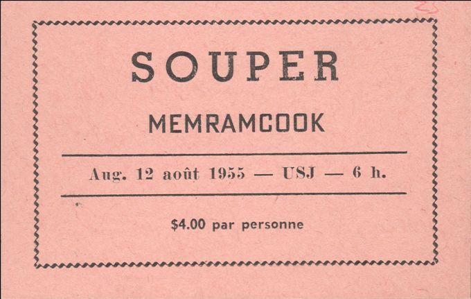 Admission ticket, bicentennial festivities, Memramcook, 1955