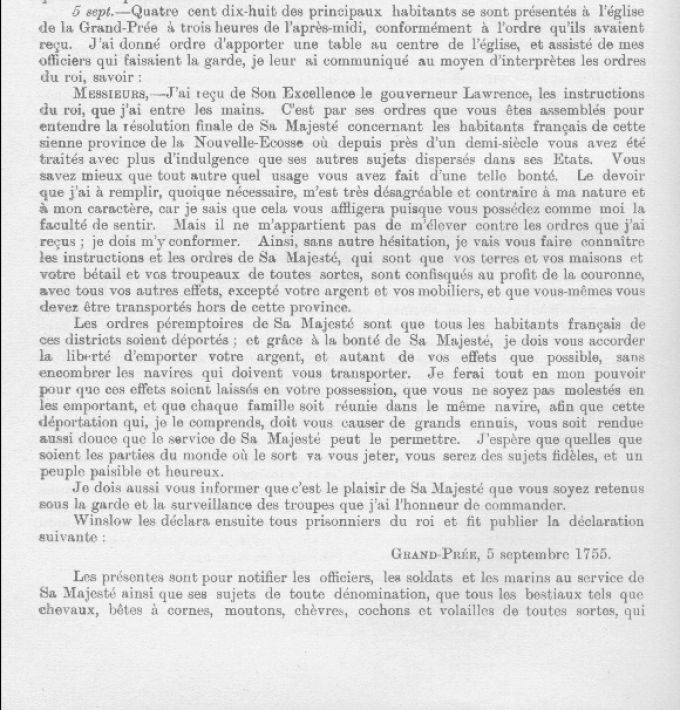 Winslow's declaration, Grand-Pré, 1755