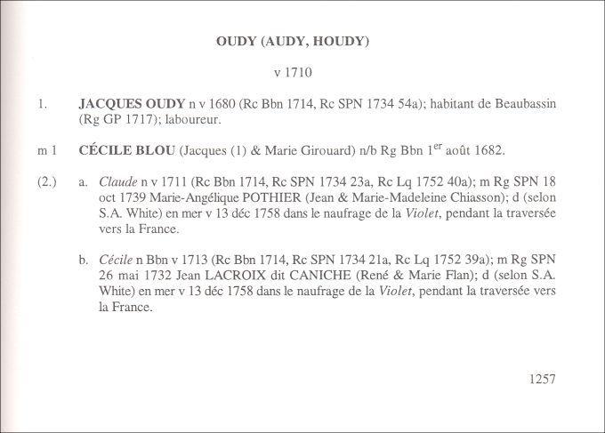 Oudy family, sinking of the "Violet", 1758