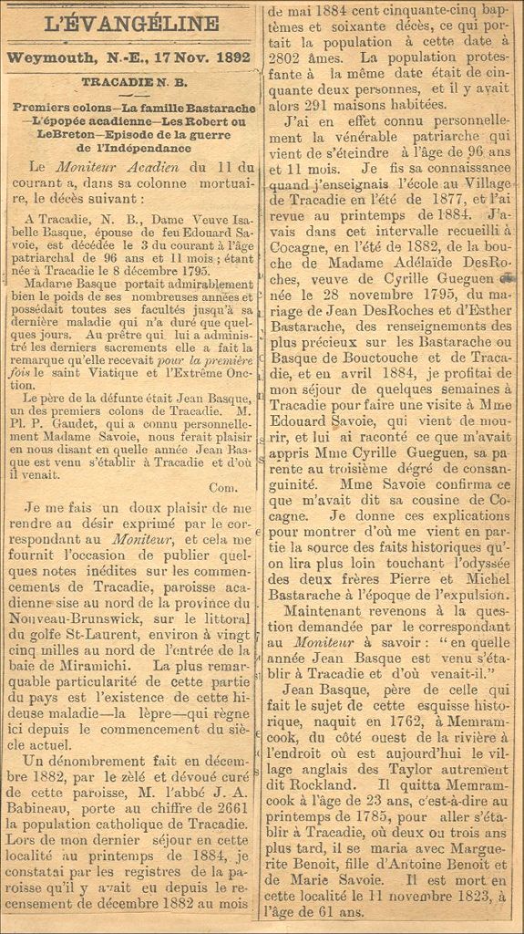 The Bastarache, pioneers of Tracadie, N.B.