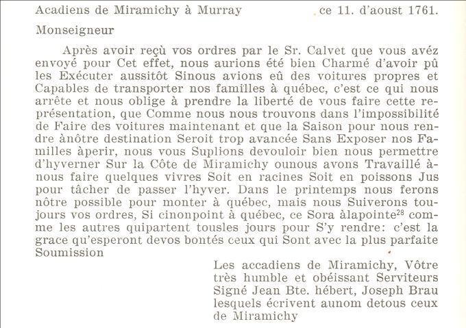 Letter from the Acadians who took refuge at Miramichi, 1761
