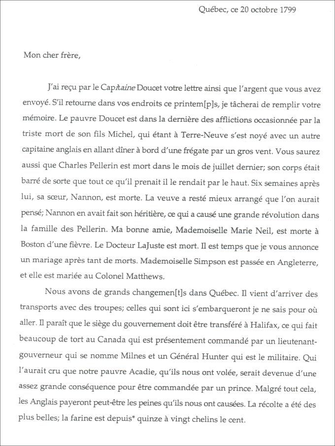 Letter from Vénérande Robichaud to Otho Robichaud, 1799