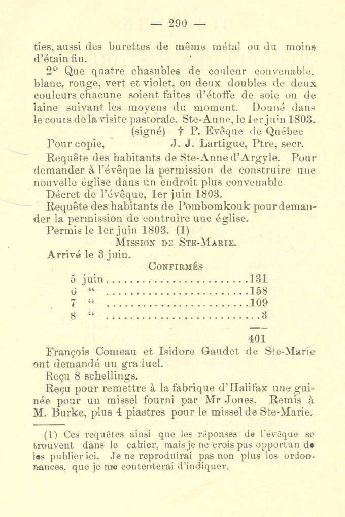 Episcopal visit by Mgr Pierre Denaut in Acadie, 1803