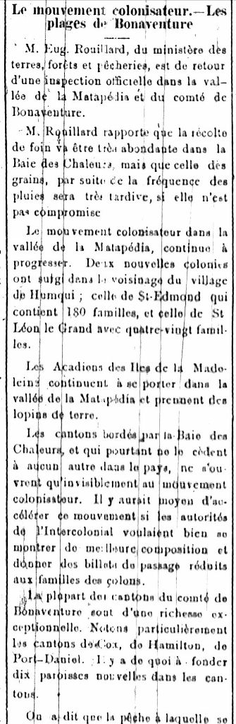 The colonization movement - The shores of Bonaventure