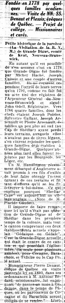 Historical notes concerning the village of Grande-Digue, N.B.