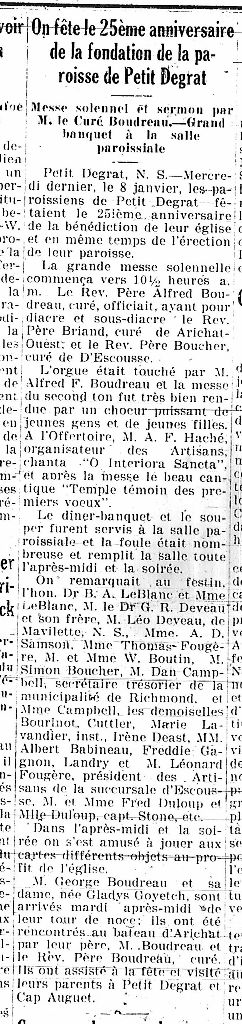 25th anniversary of the foundation of St. Joseph's parish, Petit-de-Grat, N.S.