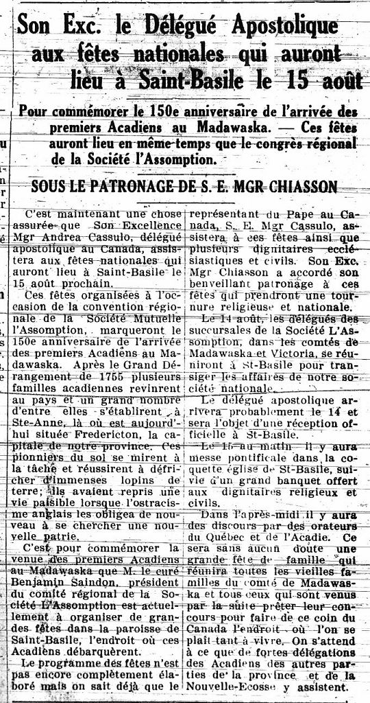 Festivities marking the 150th anniversary of the arrival of the first Acadians in the Madawaska region