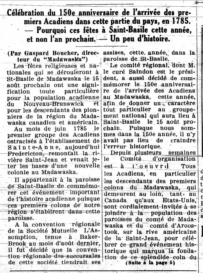Festivities marking the 150th anniversary of the arrival of the first Acadians in the Madawaska region