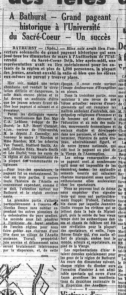 In Bathurst - Great historical pageant at the Université du Sacré-Coeur - A success