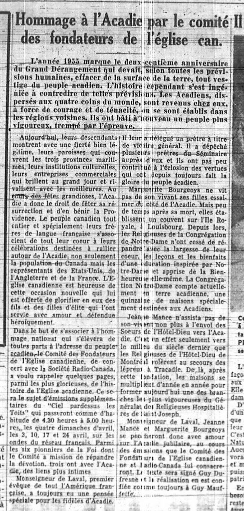 A tribute to l'Acadie by the Canadian church's founding committee