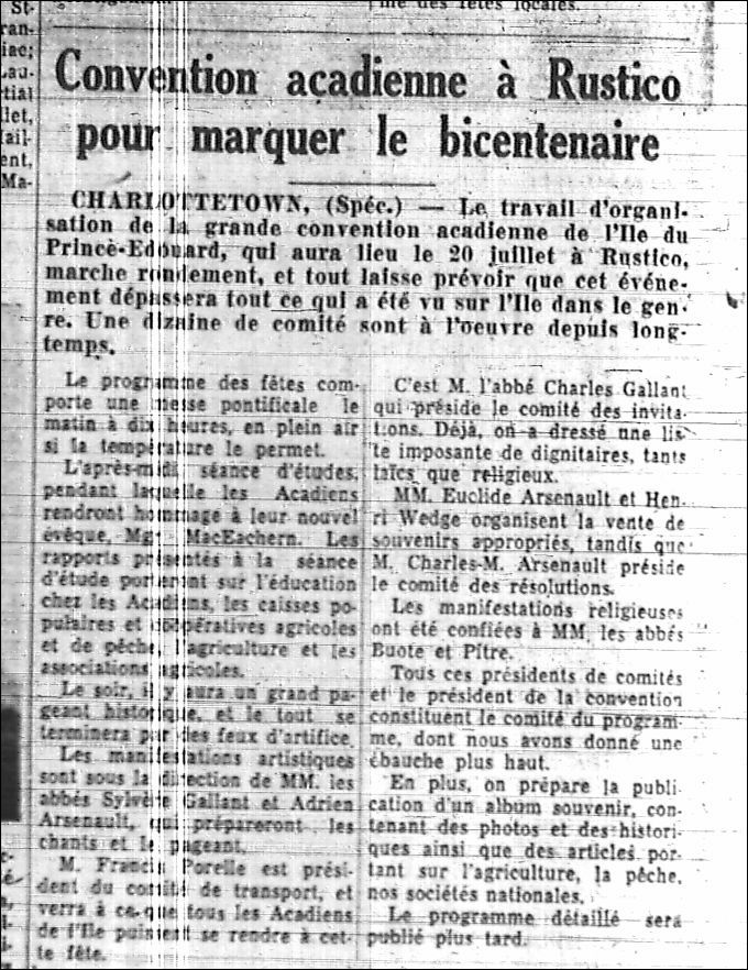 Acadian convention in Rustico to mark the bicentenary