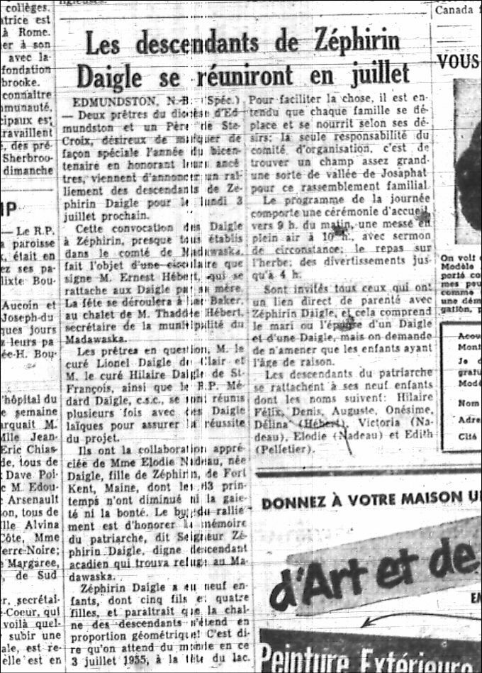 Les descendants de Zéphirin Daigle se réuniront en juillet
