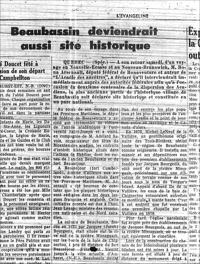 Beaubassin deviendrait aussi un site historique