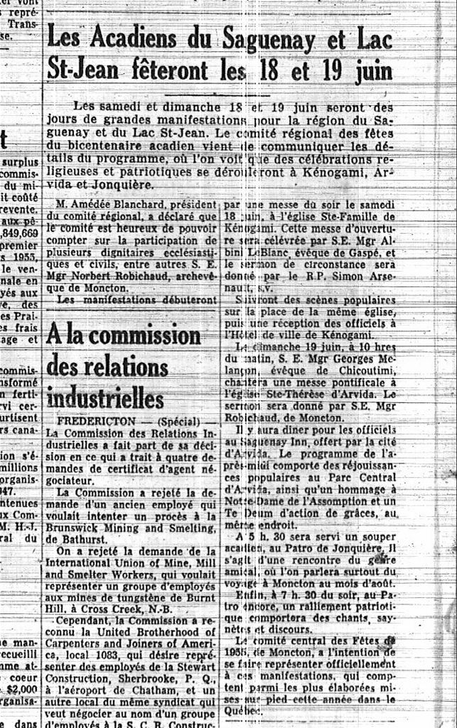 The Acadians in the Saguenay and Lac Saint-Jean region will celebrate June 18th and 19th