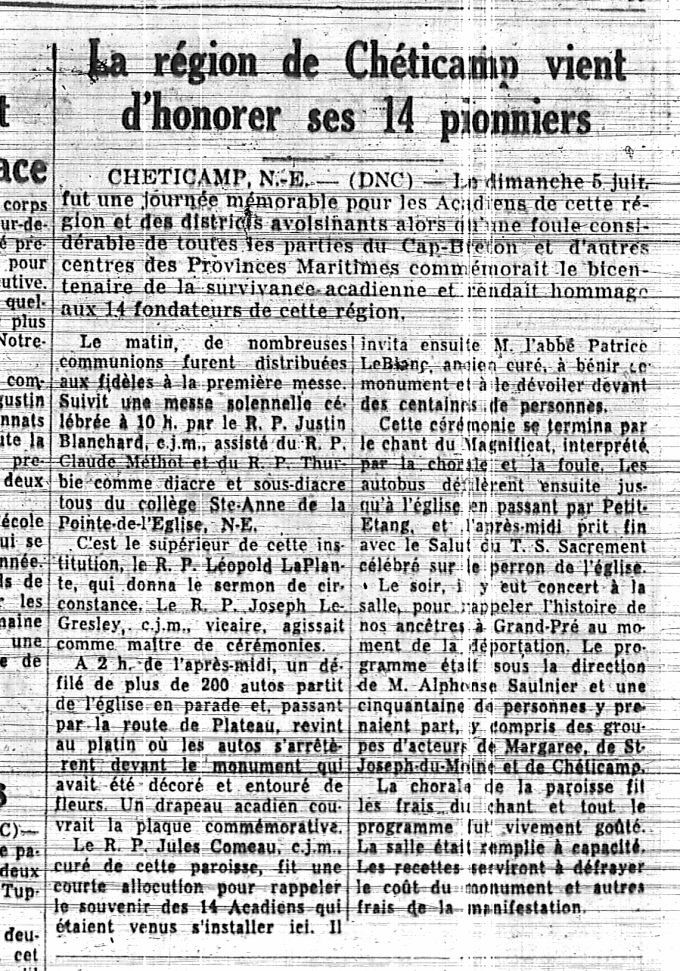 The Chéticamp region honours its 14 pioneers