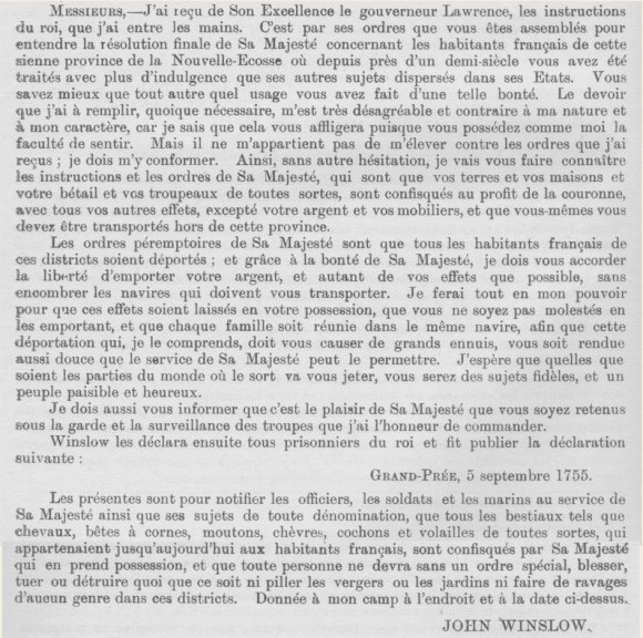 L'ordre de déportation, lu dans l'église de Grand-Pré par le colonel John Winslow le 5 septembre 1755