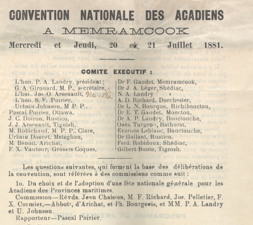 Délégués des différentes paroisses pour la Convention nationale acadienne de 1881 à Memramcook, Nouveau-Brunswick